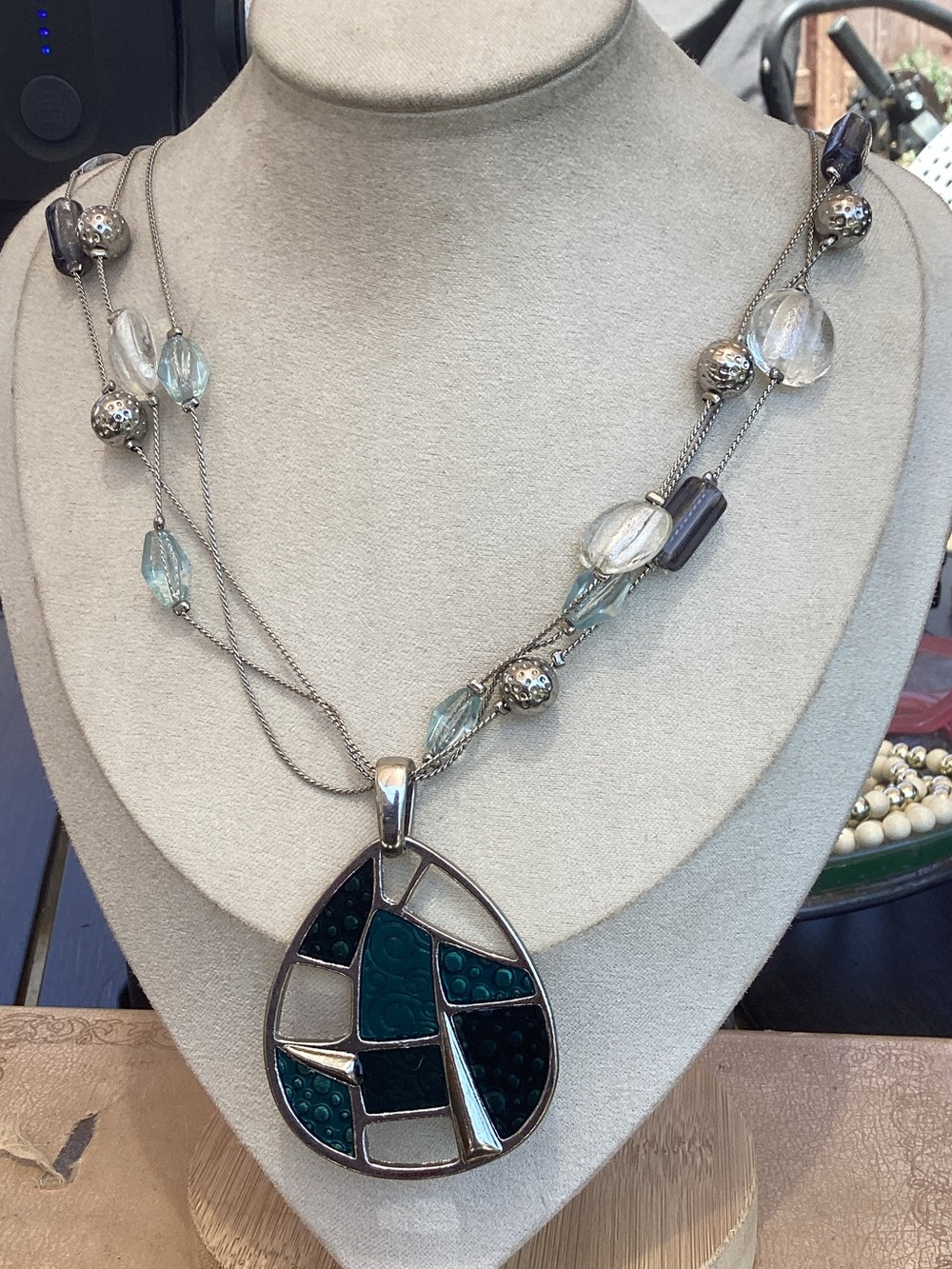 & Other Stories Teal and Silver Mosaic Teardrop Pendant Necklace